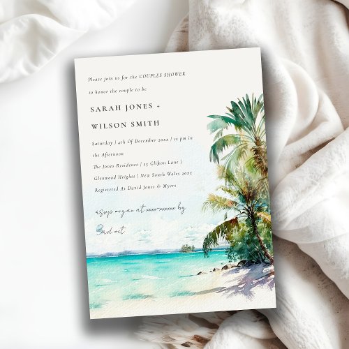 Tropical Beach Watercolor Palm Tree Couples Shower Invitation