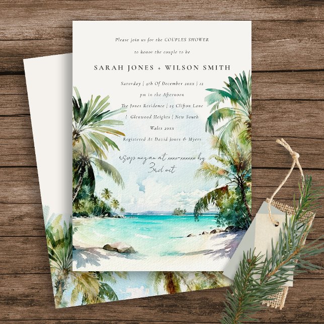 Tropical Beach Watercolor Palm Tree Couples Shower Invitation (Creator Uploaded)