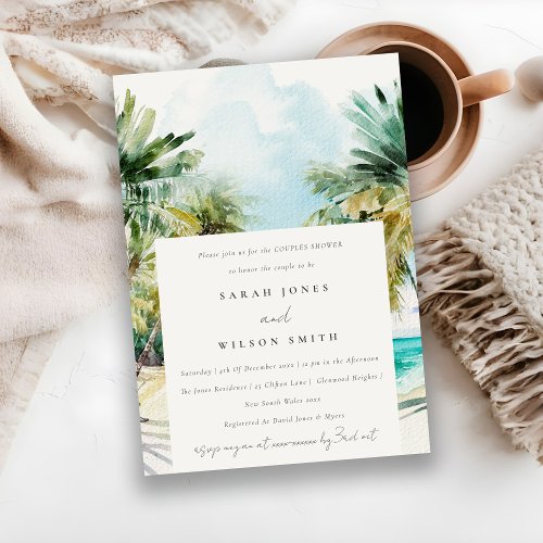 Tropical Beach Watercolor Palm Tree Couples Shower Invitation