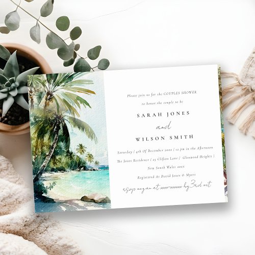 Tropical Beach Watercolor Palm Tree Couples Shower Invitation