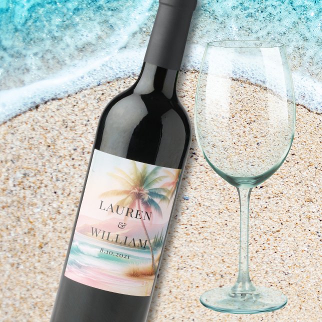 Tropical Beach Watercolor Palm Tree Wedding Wine Label (Creator Uploaded)