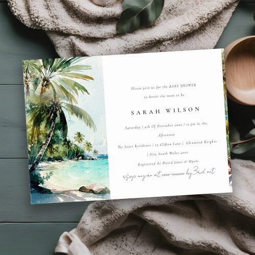 Tropical Beach Watercolor Palm Trees Baby Shower Invitation