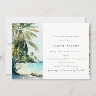 Tropical Beach Watercolor Palm Trees Baby Shower Invitation