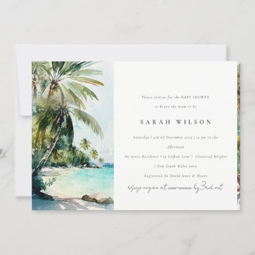 Tropical Beach Watercolor Palm Trees Baby Shower Invitation