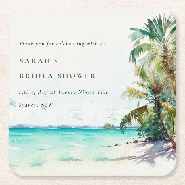 Tropical Beach Watercolor Palm Trees Bridal Shower Square Paper Coaster (Front)