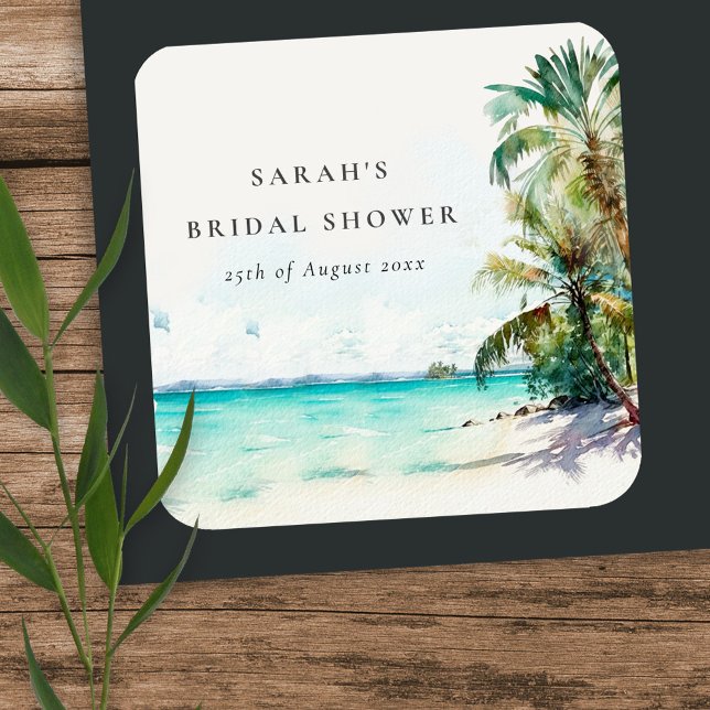 Tropical Beach Watercolor Palm Trees Bridal Shower Square Sticker (Creator Uploaded)
