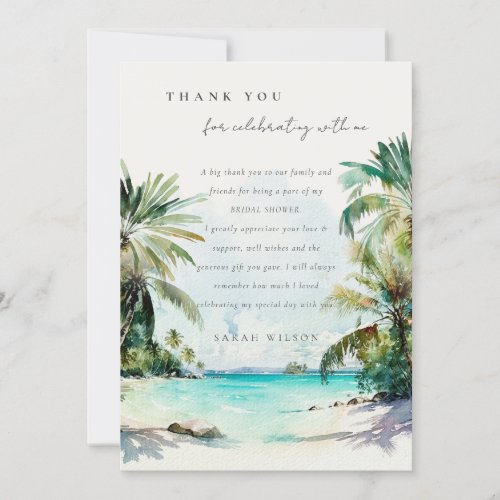 Tropical Beach Watercolor Palm Trees Bridal Shower Thank You Card