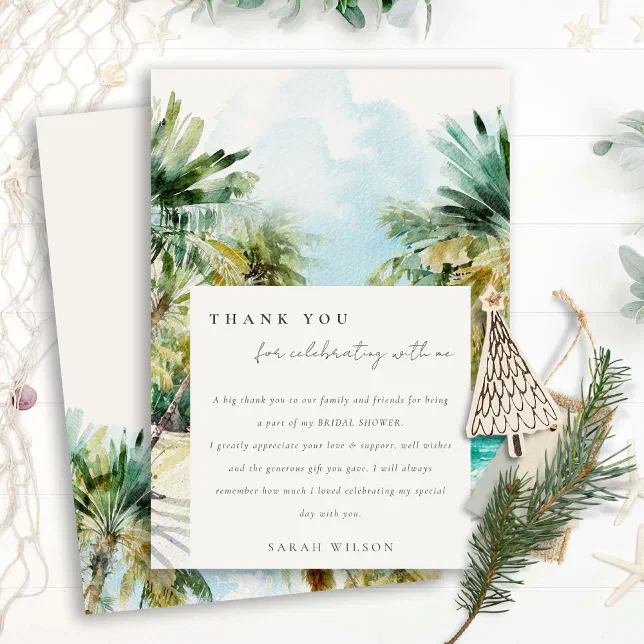 Tropical Beach Watercolor Palm Trees Bridal Shower Thank You Card | Zazzle