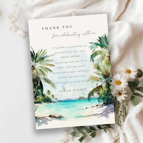 Tropical Beach Watercolor Palm Trees Bridal Shower Thank You Card