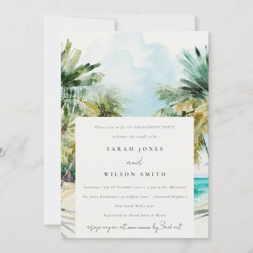 Tropical Beach Watercolor Palm Trees Engagement Invitation