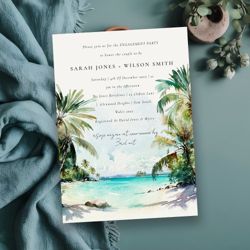 Tropical Beach Watercolor Palm Trees Engagement Invitation