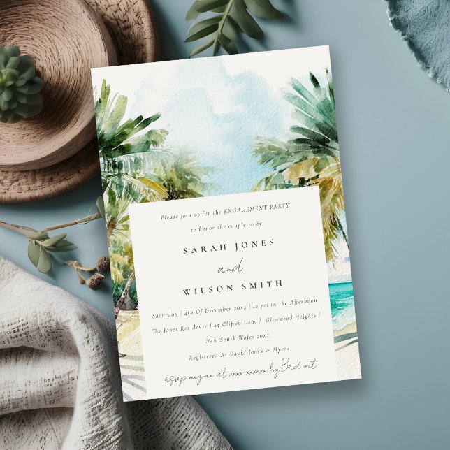 Tropical Beach Watercolor Palm Trees Engagement Invitation (Creator Uploaded)
