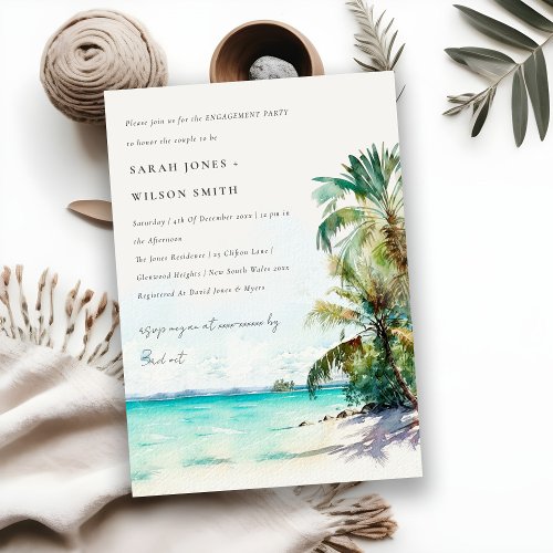 Tropical Beach Watercolor Palm Trees Engagement Invitation