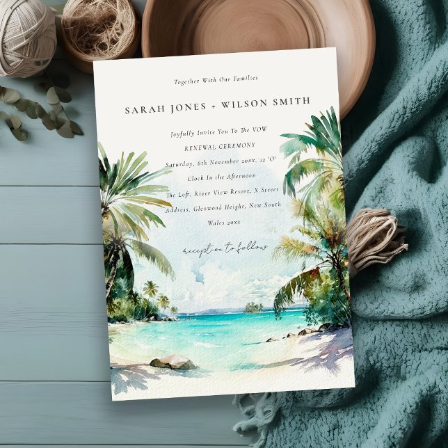 Tropical Beach Watercolor Palm Trees Vow Renewal Invitation (Creator Uploaded)