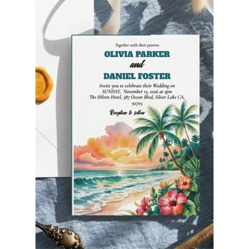 Tropical Beach Watercolor Sunset Floral Wedding  Invitation