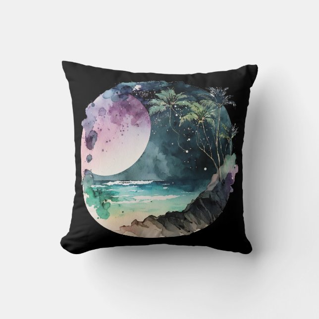 Tropical Beach Watercolor Throw Pillow (Front)