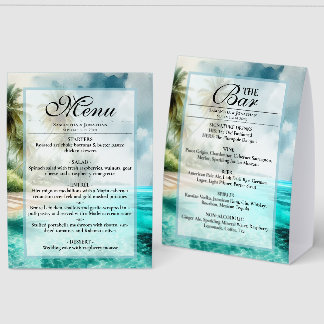 Tropical Beach Watercolor Wedding Menu & Bar Paper Table Tent