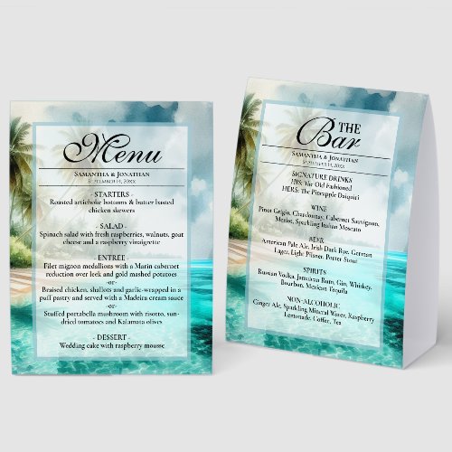 Tropical Beach Watercolor Wedding Menu & Bar Paper Table Tent Tropical Beach Watercolor Wedding Menu & Bar Paper Table Tent