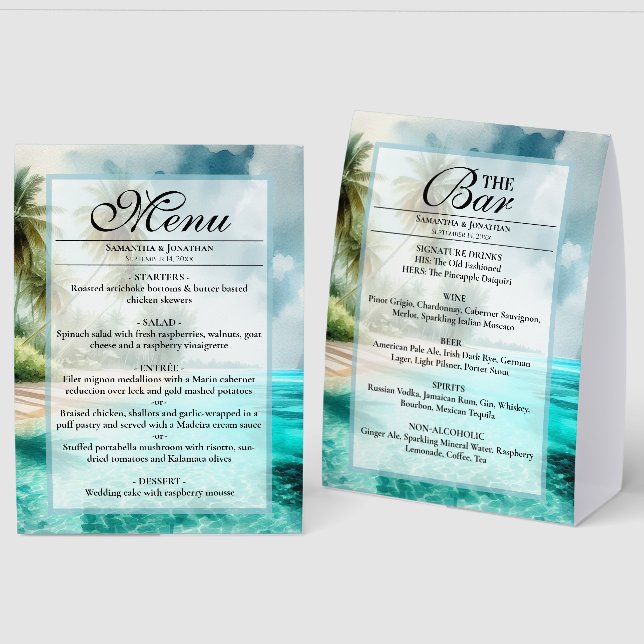 Tropical Beach Watercolor Wedding Menu & Bar Paper Table Tent (Front/Back)