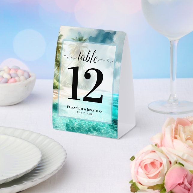 Tropical Beach Watercolor Wedding Table Number Paper Table Tent (Insitu(Wedding))