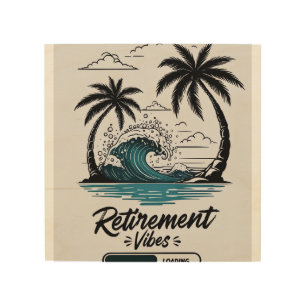 Tropical Beach Wave & Palm Tree Illustration Wood Wall Art