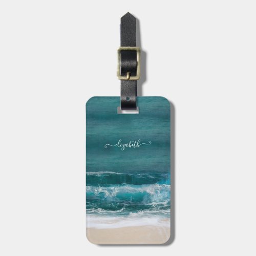 Tropical Beach Waves Sand Name Modern Luggage Tag