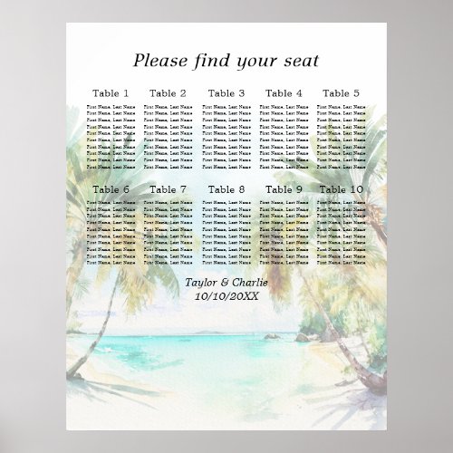 Tropical Beach Wedding 10 Tables Seating Chart