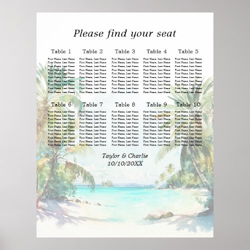 Tropical Beach Wedding 10 Tables Seating Chart