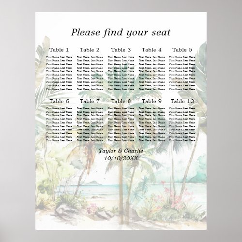 Tropical Beach Wedding 10 Tables Seating Chart