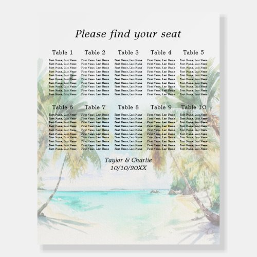 Tropical Beach Wedding 10 Tables Seating Chart Foam Board