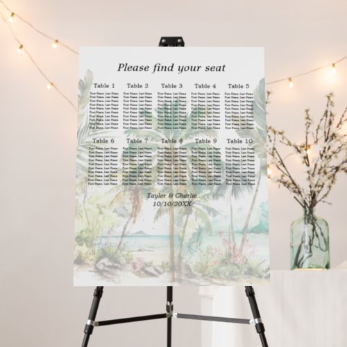 Tropical Beach Wedding 10 Tables Seating Chart Foam Board