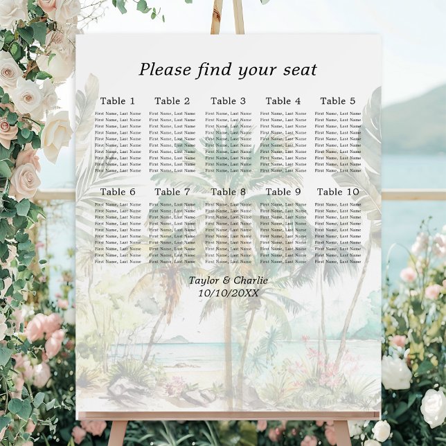 Tropical Beach Wedding 10 Tables Seating Chart Foam Board (Creator Uploaded)