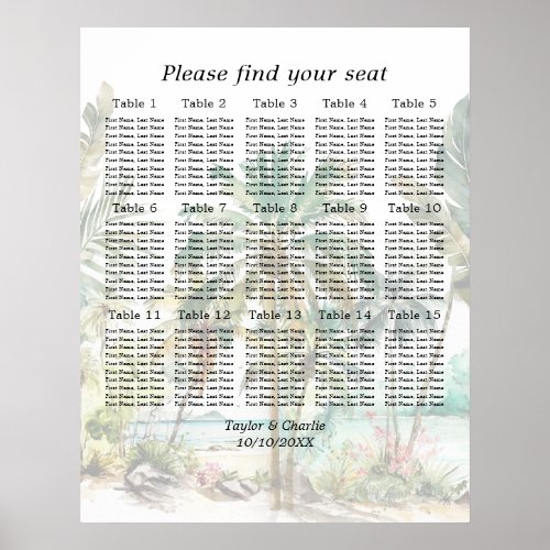 Tropical Beach Wedding 15 Tables Seating Chart