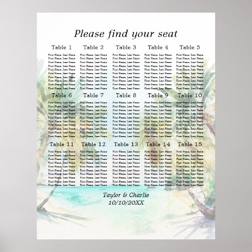 Tropical Beach Wedding 15 Tables Seating Chart