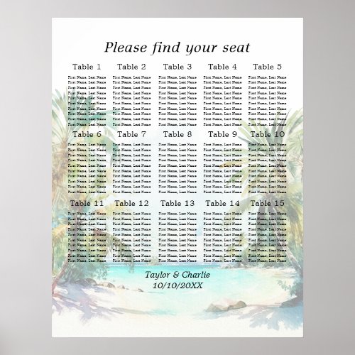 Tropical Beach Wedding 15 Tables Seating Chart