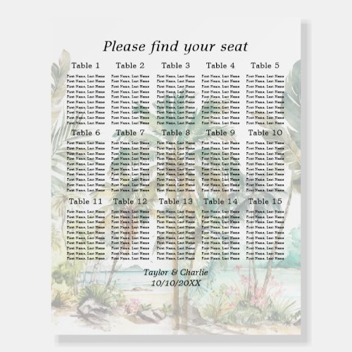 Tropical Beach Wedding 15 Tables Seating Chart Foam Board