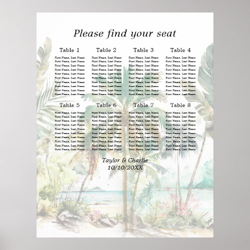 Tropical Beach Wedding 8 Tables Seating Chart