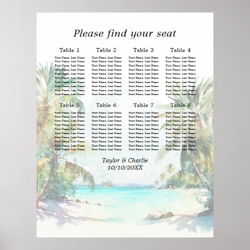 Tropical Beach Wedding 8 Tables Seating Chart