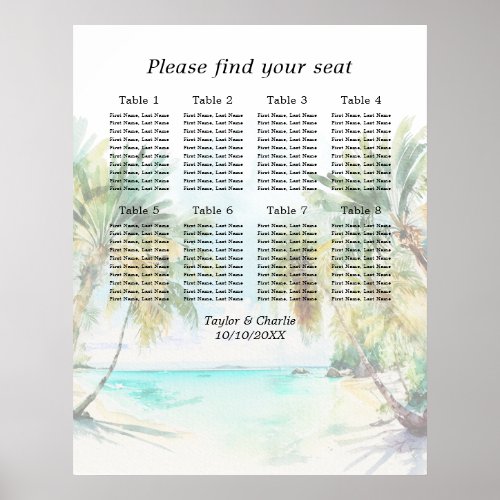 Tropical Beach Wedding 8 Tables Seating Chart