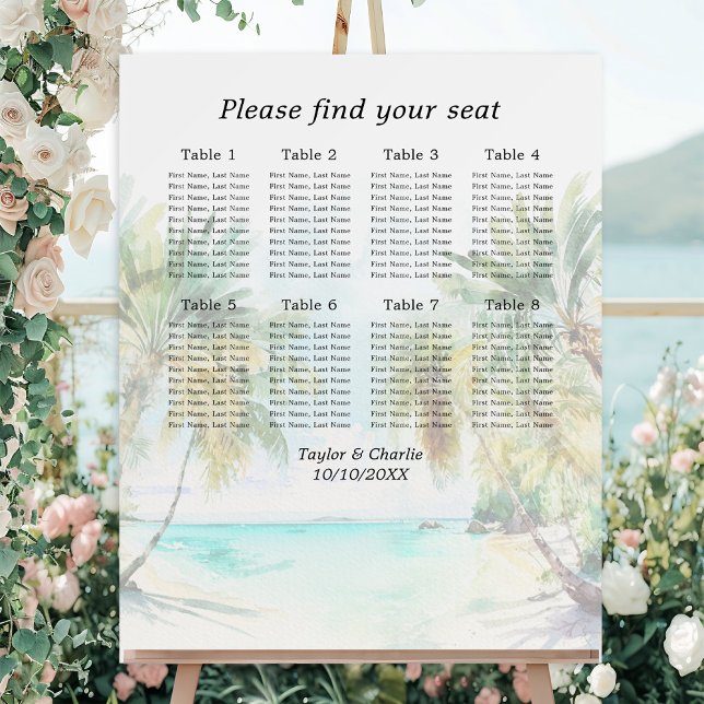 Tropical Beach Wedding 8 Tables Seating Chart Foam Board (Creator Uploaded)