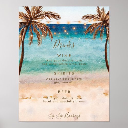 tropical beach wedding bar menu sign