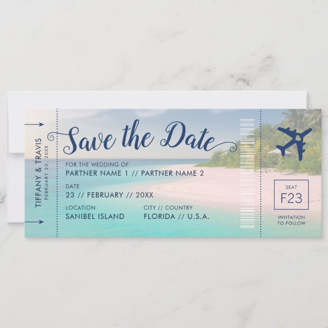 Tropical Beach Wedding Boarding Pass Save the Date Announcement (Front)