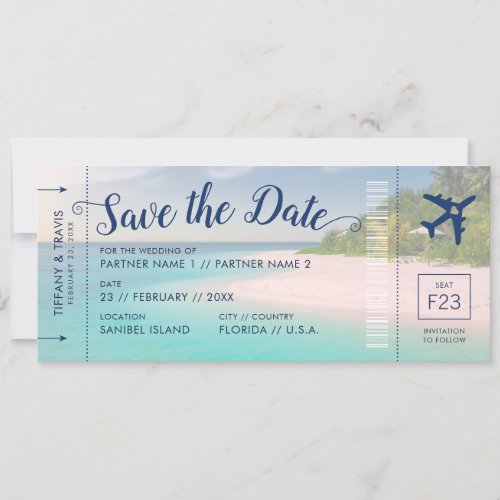 Tropical Beach Wedding Boarding Pass Save the Date Announcement