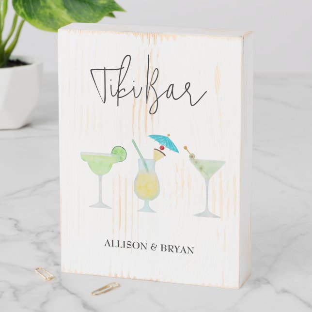 Tropical Beach Wedding Cocktail Tiki Bar Wooden Box Sign (In Situ Vertical)