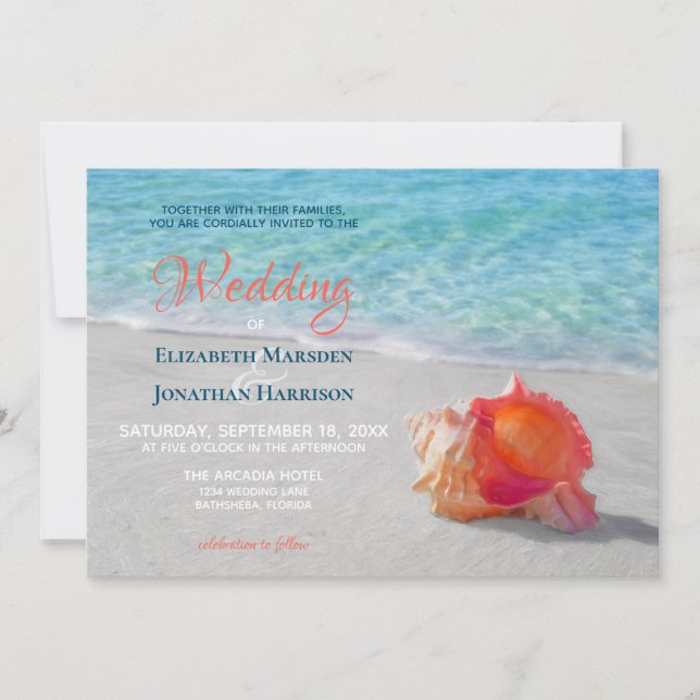 Tropical Beach Wedding Coral Seashell Modern Invitation (Front)