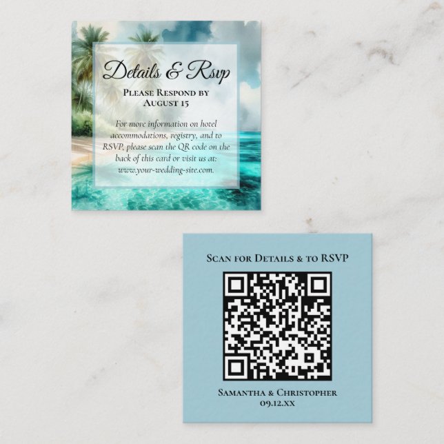 Tropical Beach Wedding Details & RSVP QR Code Enclosure Card (Front/Back)