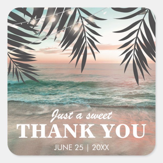 Tropical Beach Wedding Favor | String of Lights Square Sticker (Front)