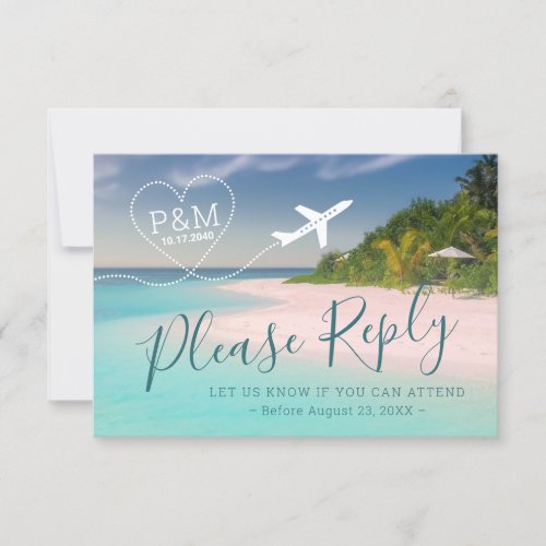 Tropical Beach Wedding Heart Airplane Destination RSVP Card
