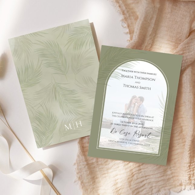Tropical Beach Wedding Invitation Palm Leaves Phot (Elegant palm leaves photo wedding invitation.)