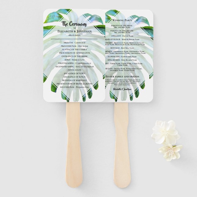 Tropical Beach Wedding Leaf Pattern Hand Fan (Front and Back)
